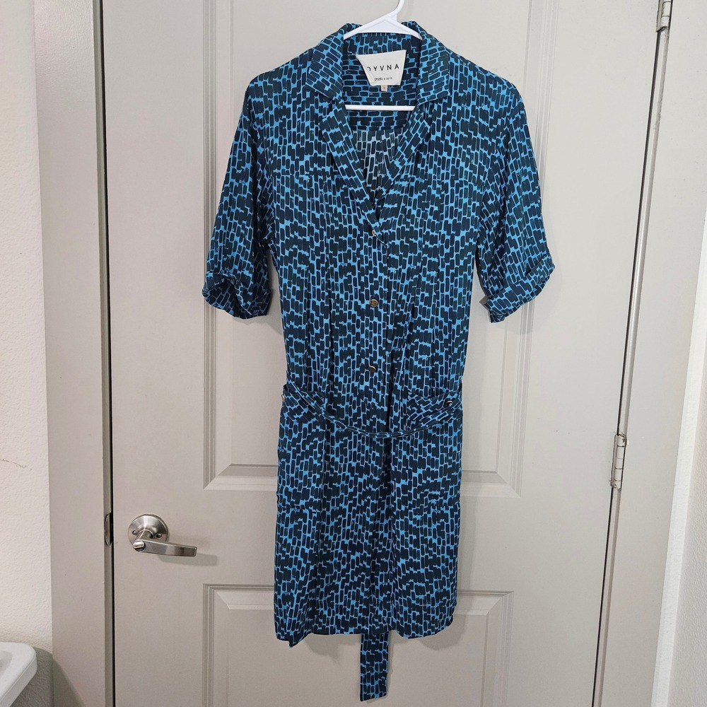 Dyvna Blue Abstract Silk Blend Shirt Dress Mini Short Sleeve Belted Small